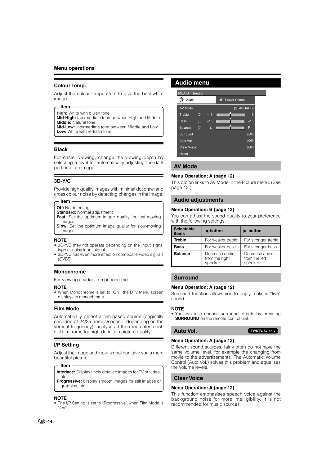 Sharp LC-37P70E, LC-32P70E, LC-26P70E operation manual Audio menu, Audio adjustments, Surround, Clear Voice 