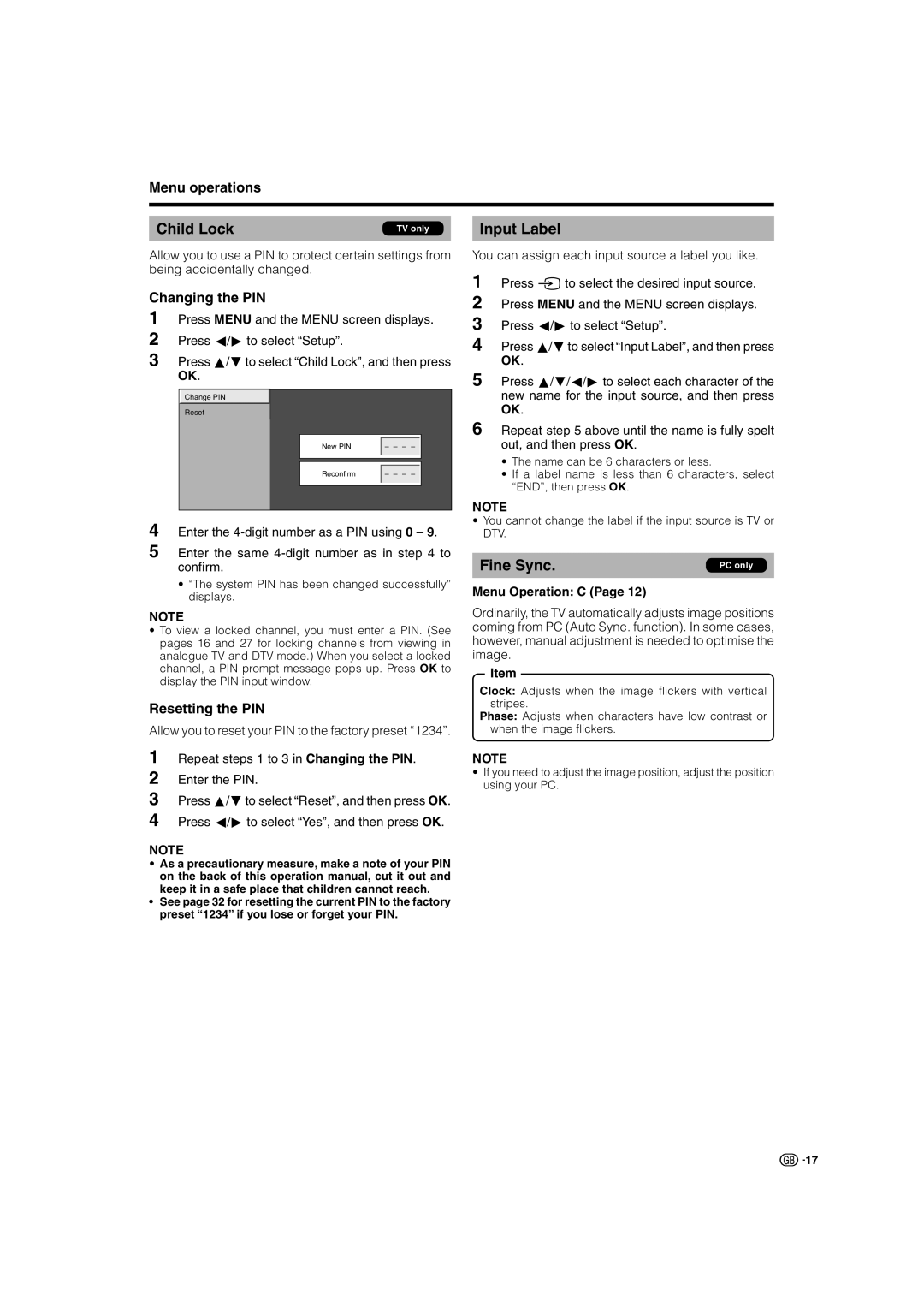 Sharp LC-37P70E Input Label, Changing the PIN, Resetting the PIN, Enter the same 4-digit number as in to confirm 