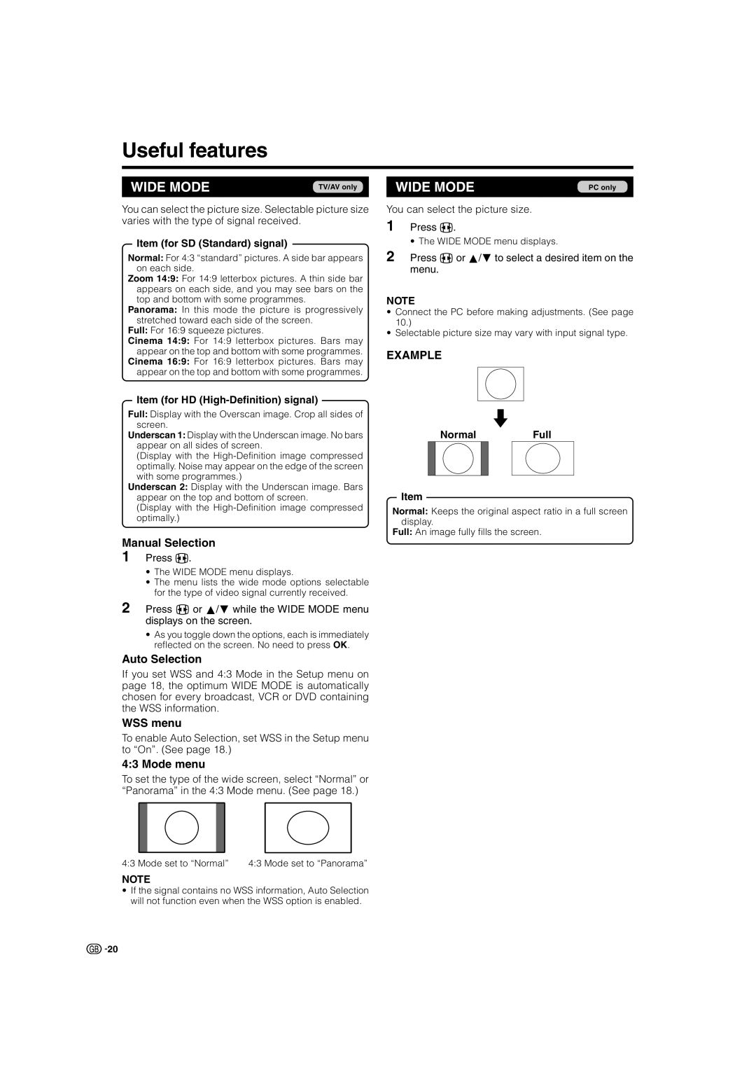 Sharp LC-37P70E, LC-32P70E, LC-26P70E operation manual Useful features, Manual Selection, Auto Selection, WSS menu, Mode menu 