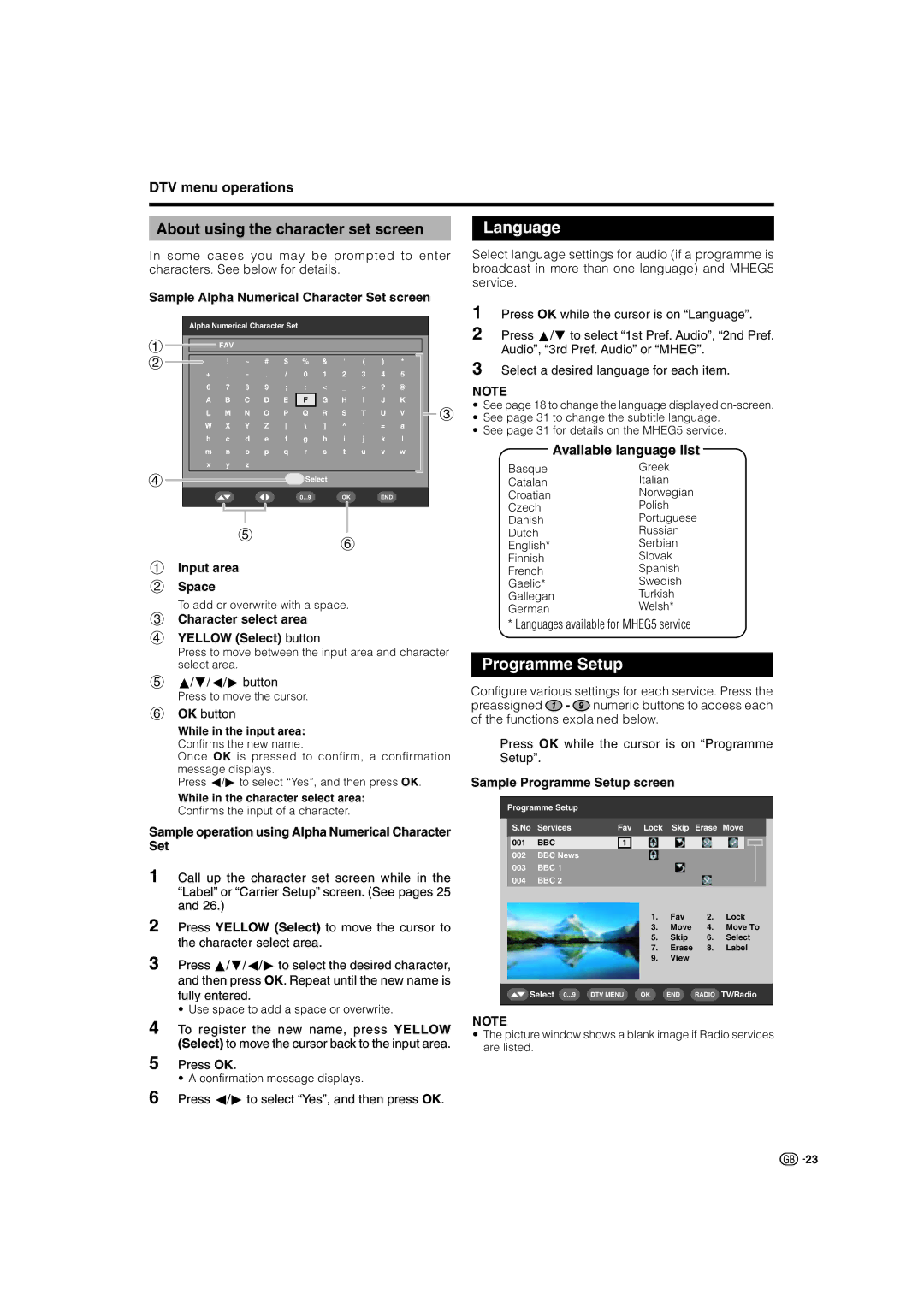 Sharp LC-37P70E, LC-32P70E, LC-26P70E Language, Programme Setup, About using the character set screen, DTV menu operations 