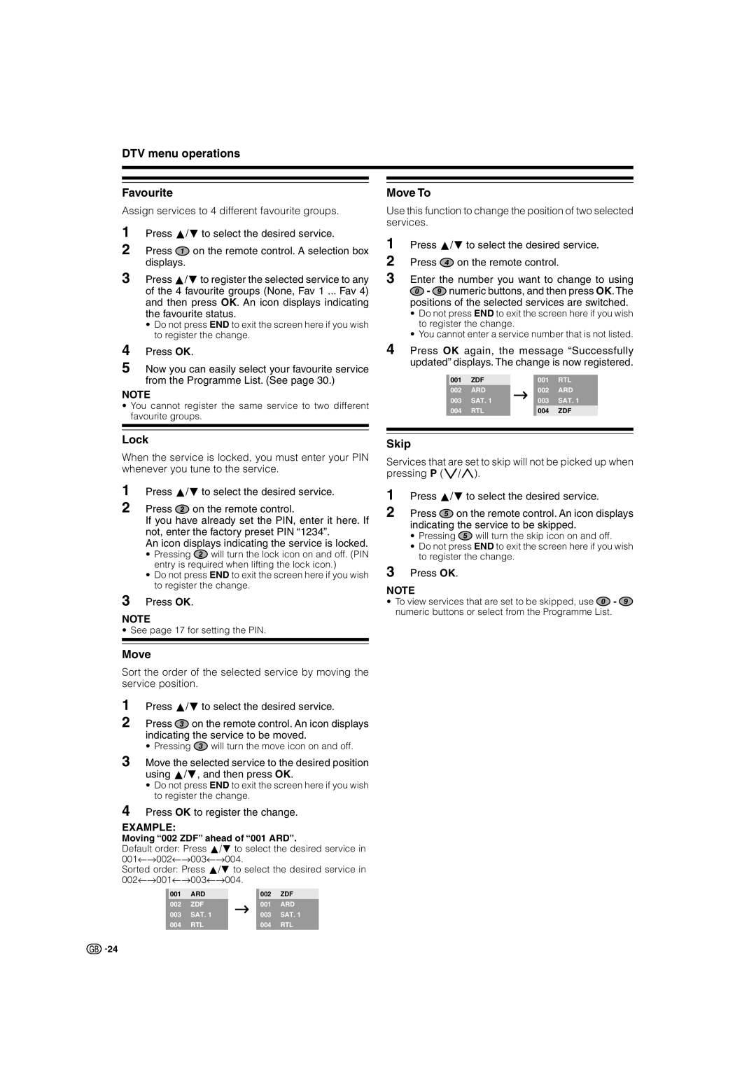 Sharp LC-26P70E, LC-32P70E, LC-37P70E DTV menu operations Favourite, Move To, Skip, Press OK to register the change 