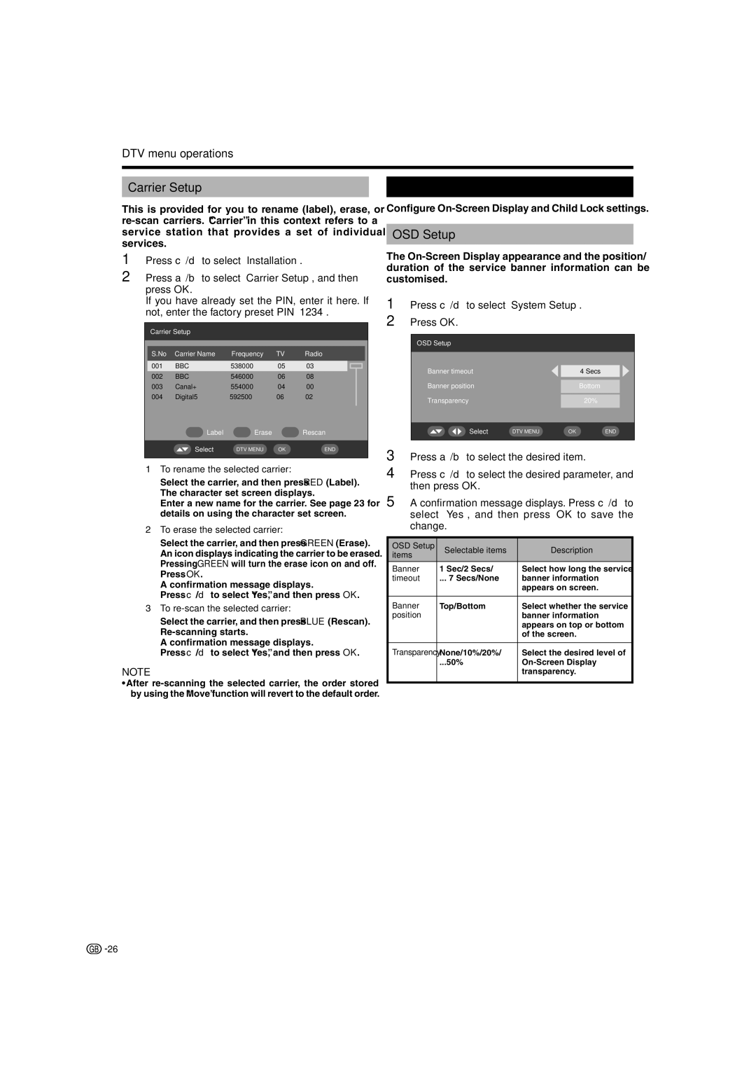 Sharp LC-37P70E, LC-32P70E System Setup, Carrier Setup, OSD Setup, Configure On-Screen Display and Child Lock settings 