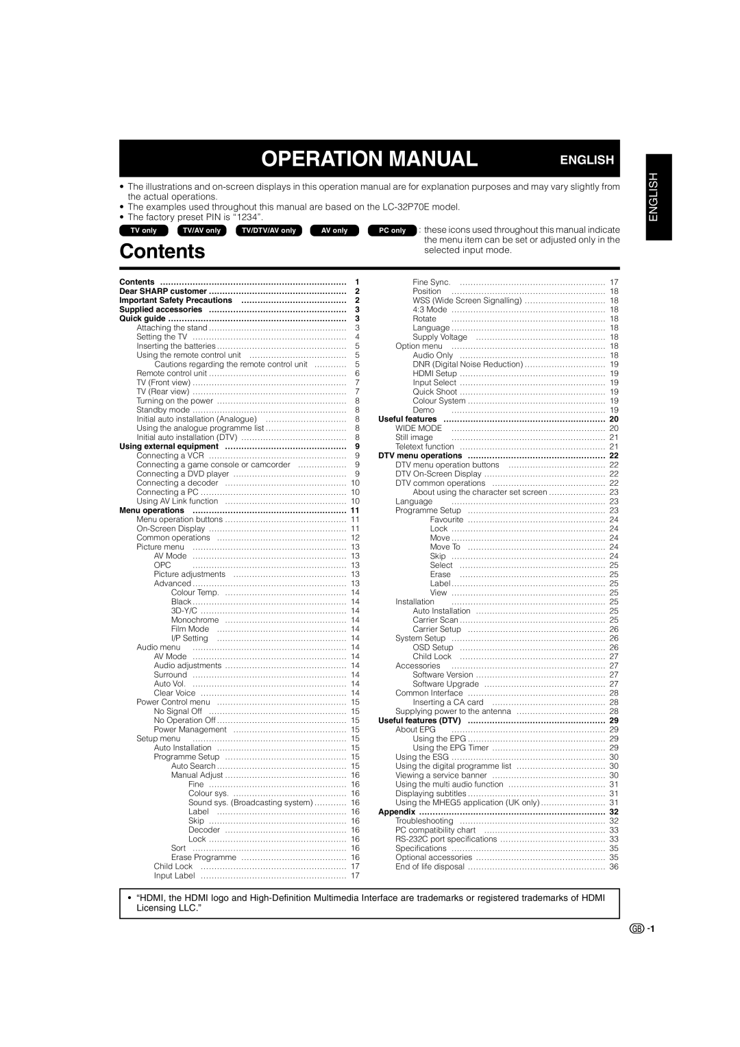 Sharp LC-32P70E, LC-37P70E, LC-26P70E operation manual Contents 