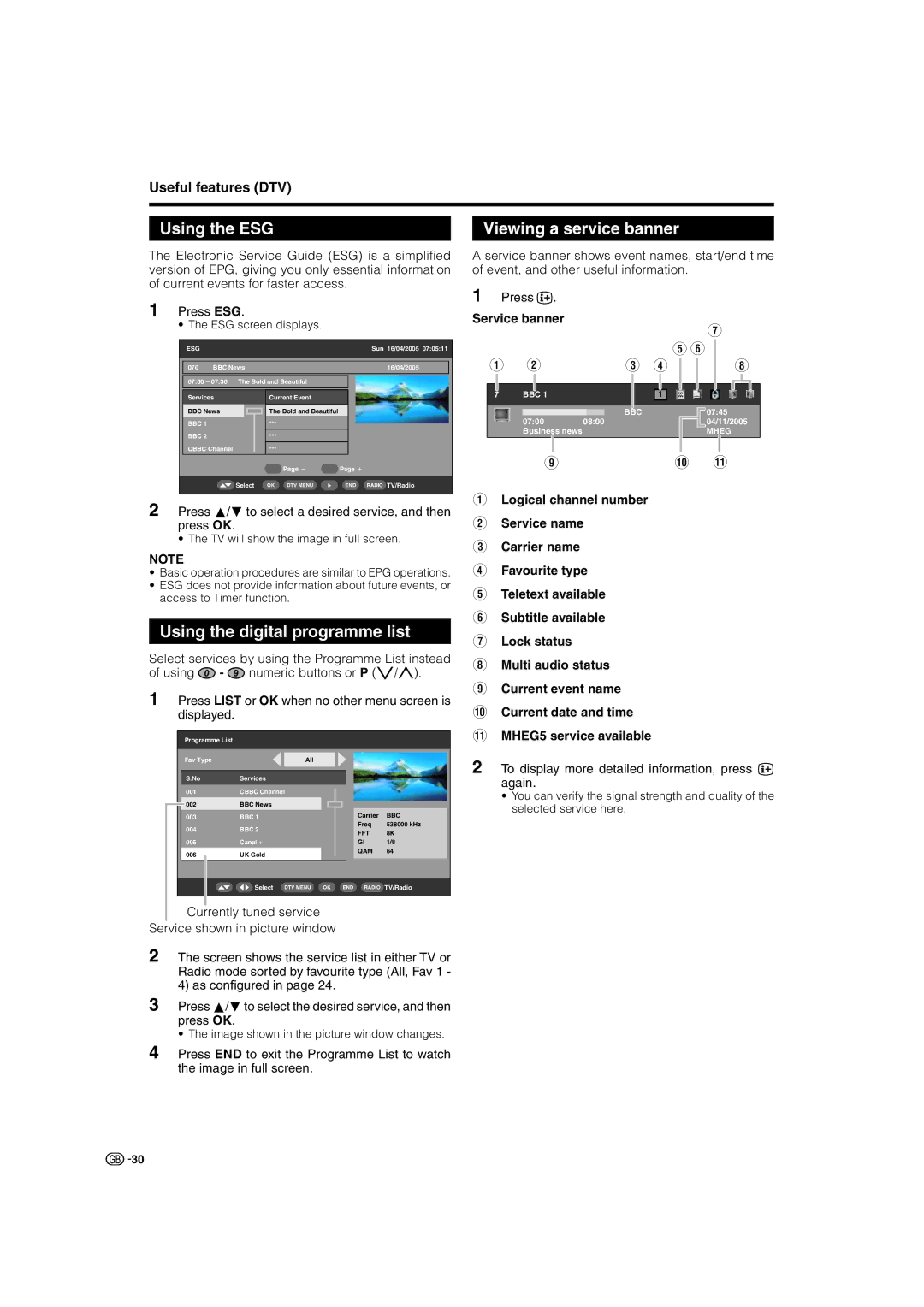 Sharp LC-26P70E, LC-32P70E Using the ESG Viewing a service banner, Using the digital programme list, Useful features DTV 