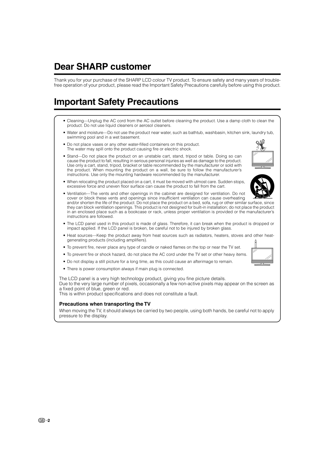 Sharp LC-37P70E, LC-32P70E Dear Sharp customer, Important Safety Precautions, Precautions when transporting the TV 