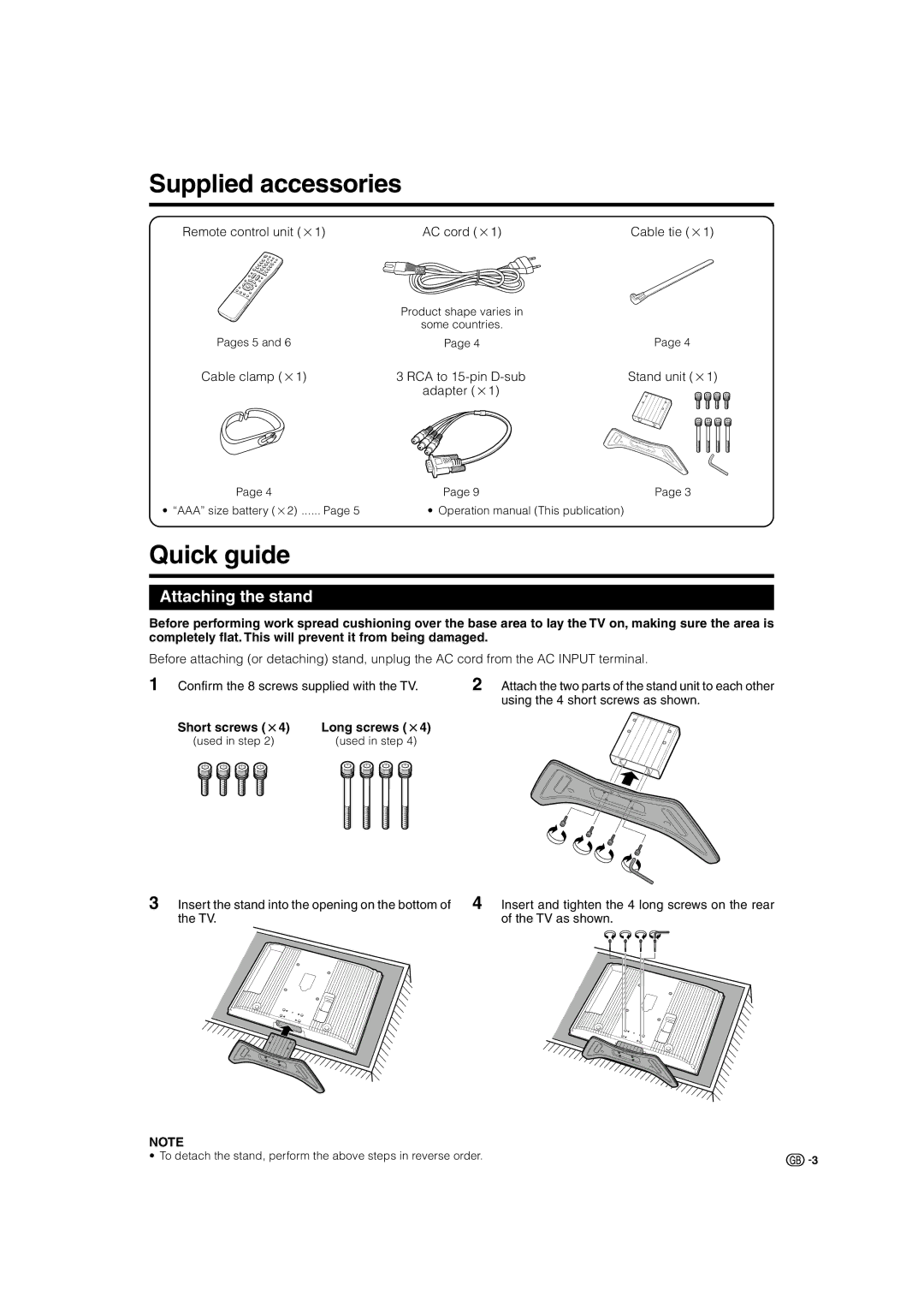 Sharp LC-26P70E, LC-32P70E Supplied accessories, Quick guide, Attaching the stand, Short screws m4, Long screws m4 