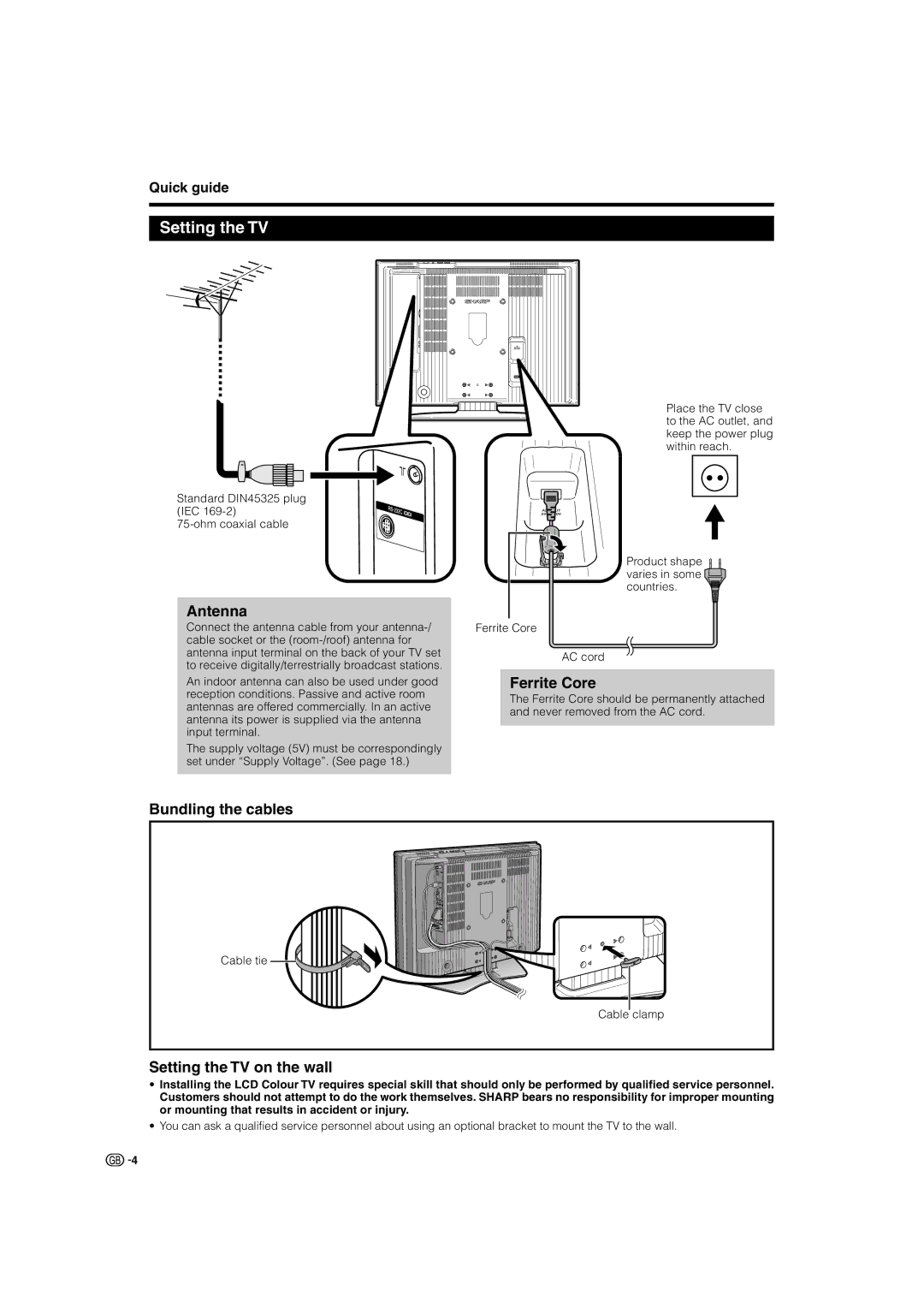 Sharp LC-32P70E, LC-37P70E, LC-26P70E Antenna, Ferrite Core, Bundling the cables, Setting the TV on the wall 