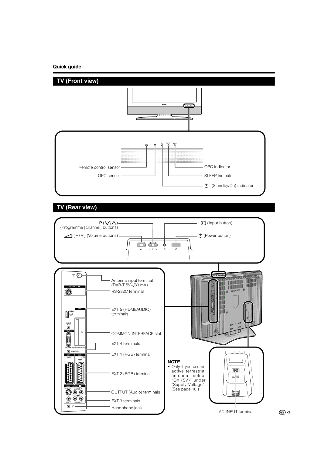 Sharp LC-32P70E, LC-37P70E, LC-26P70E operation manual TV Front view, TV Rear view 