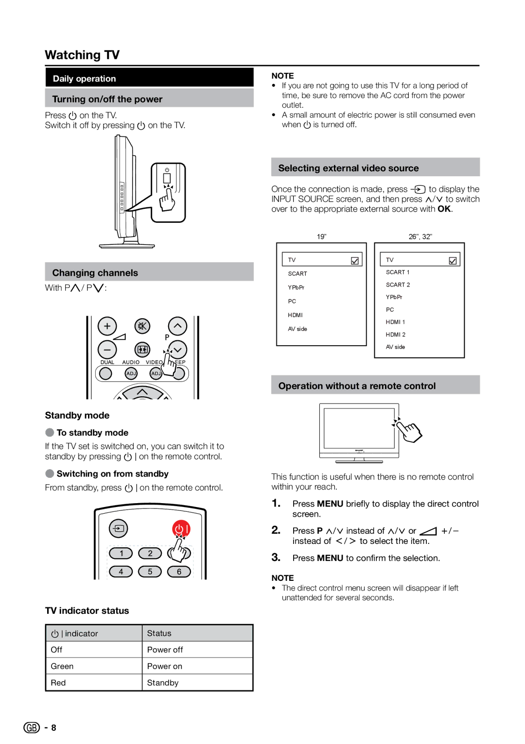 Sharp LC-26S7E, LC-32S7E, LC-19S7E operation manual Watching TV 