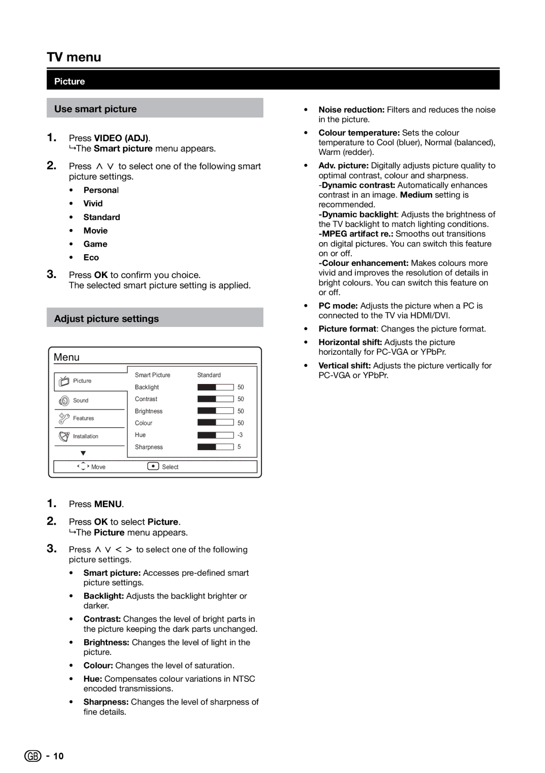 Sharp LC-32S7E, LC-26S7E, LC-19S7E operation manual TV menu, Use smart picture, Adjust picture settings, Picture 