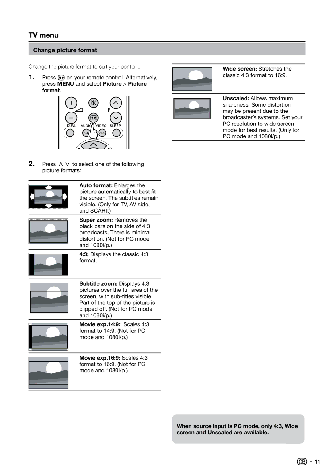 Sharp LC-26S7E, LC-32S7E, LC-19S7E operation manual TV menu, Change picture format 