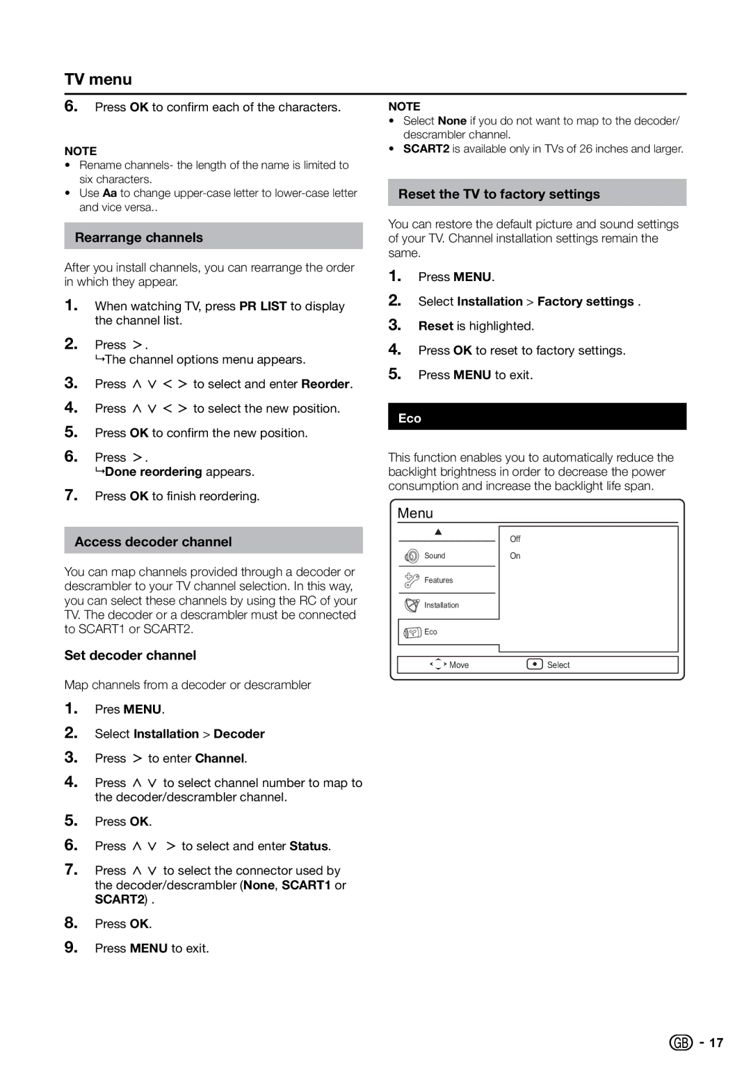 Sharp LC-26S7E Reset the TV to factory settings Rearrange channels, Access decoder channel, Set decoder channel, Eco 
