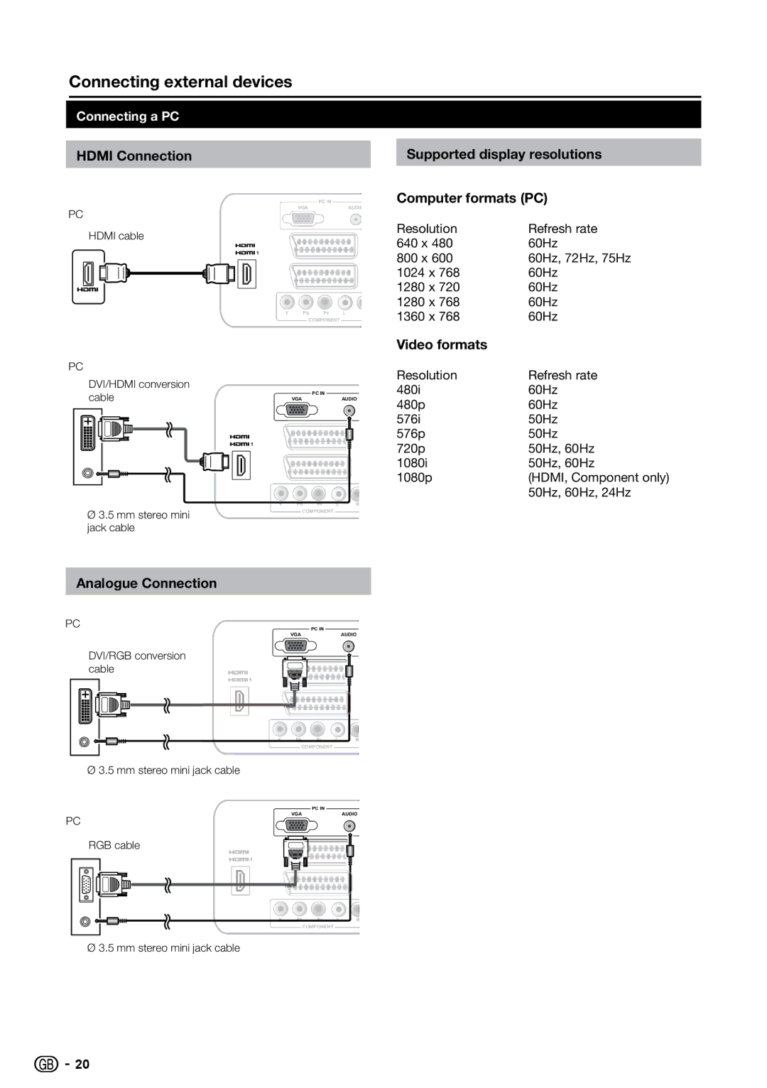 Sharp LC-26S7E Analogue Connection, Supported display resolutions Computer formats PC, Video formats, Connecting a PC 