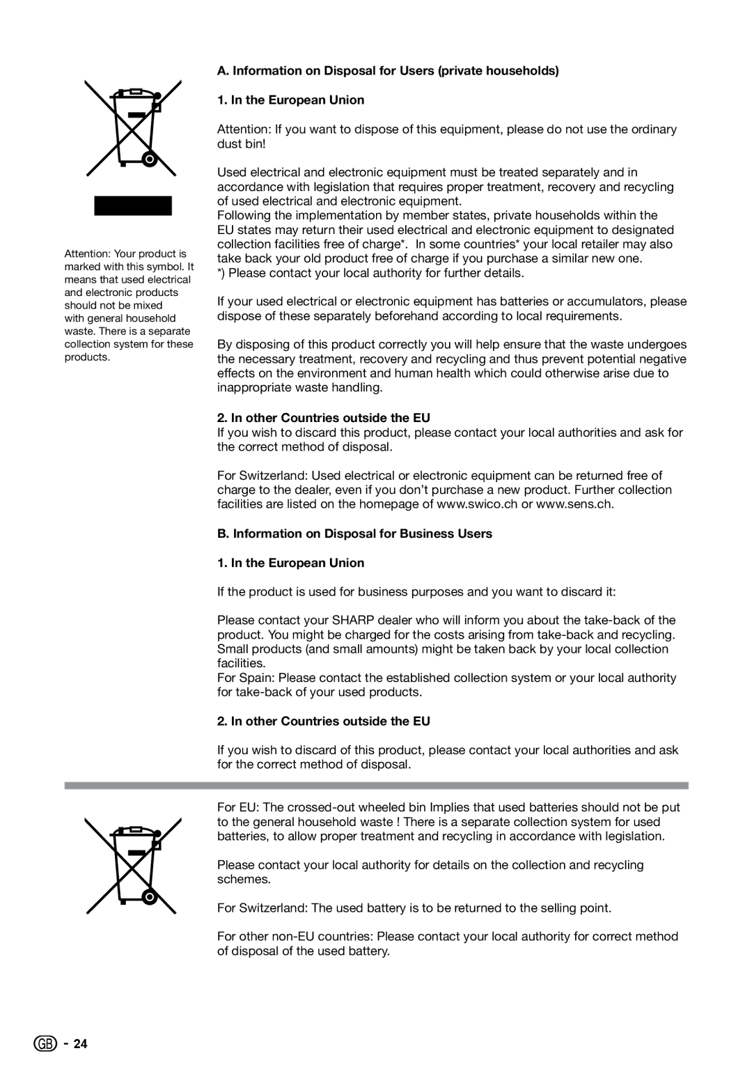 Sharp LC-19S7E, LC-32S7E Other Countries outside the EU, Information on Disposal for Business Users European Union 