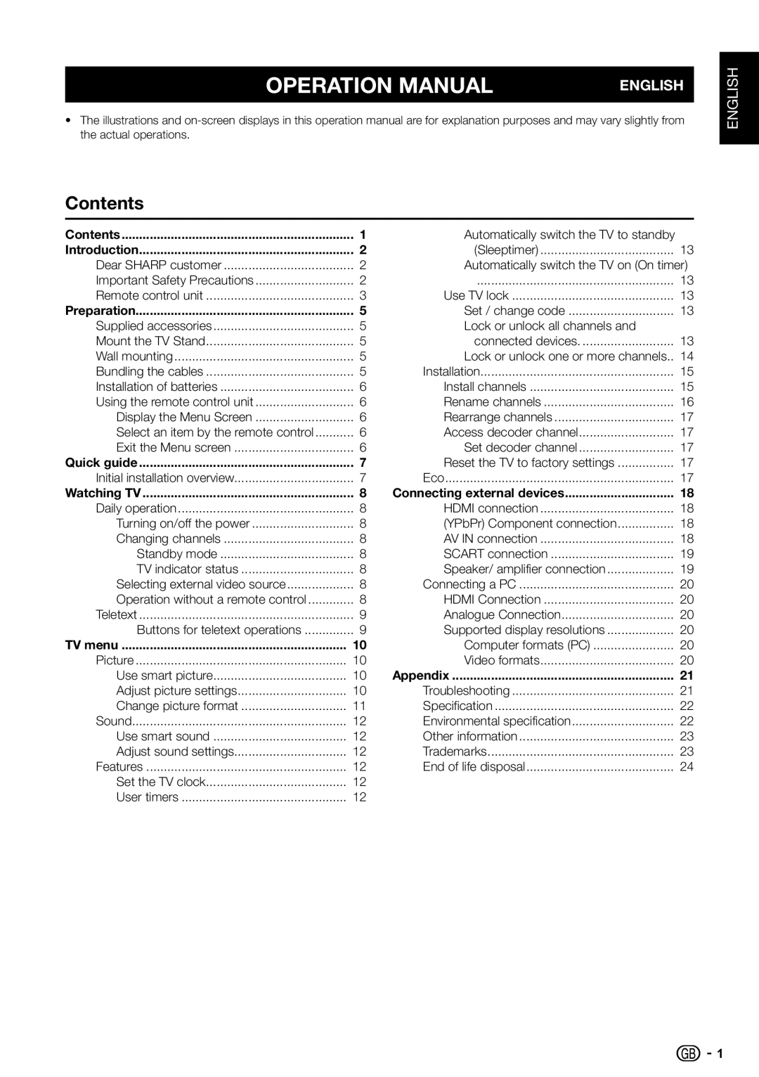 Sharp LC-32S7E, LC-26S7E, LC-19S7E operation manual Contents 