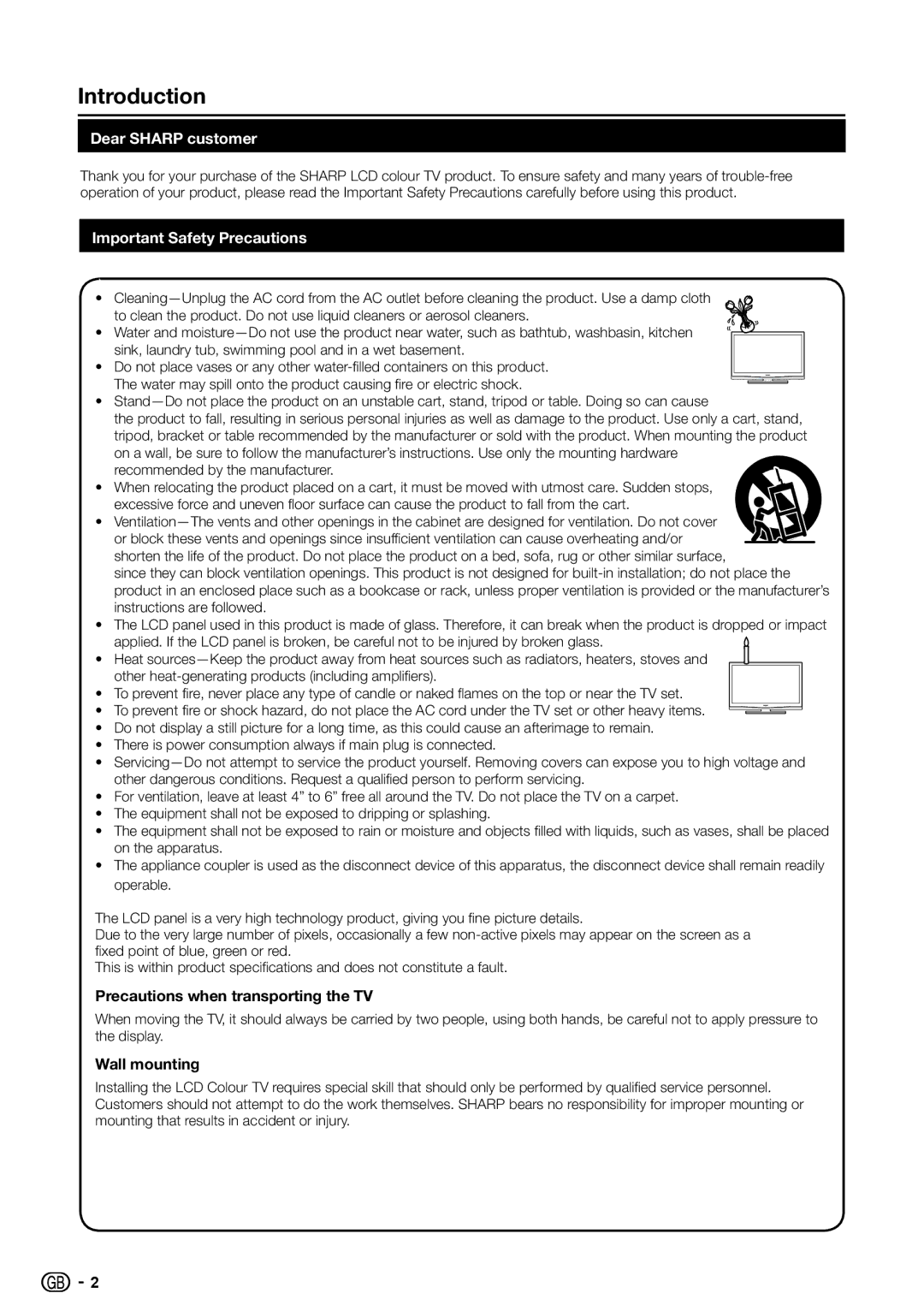 Sharp LC-26S7E Introduction, Dear Sharp customer, Important Safety Precautions, Precautions when transporting the TV 