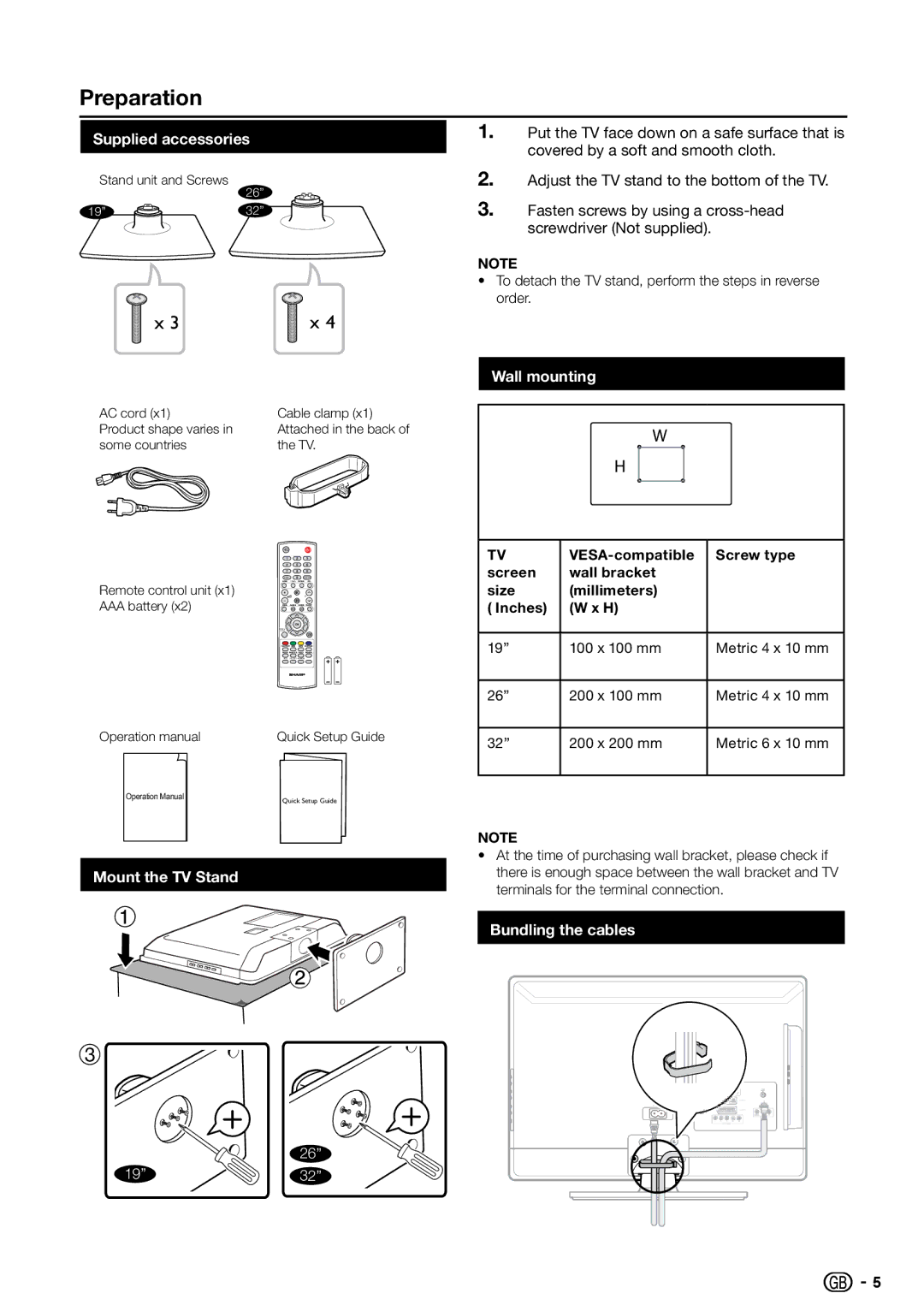 Sharp LC-26S7E, LC-32S7E Preparation, Supplied accessories, Wall mounting, Mount the TV Stand, Bundling the cables 