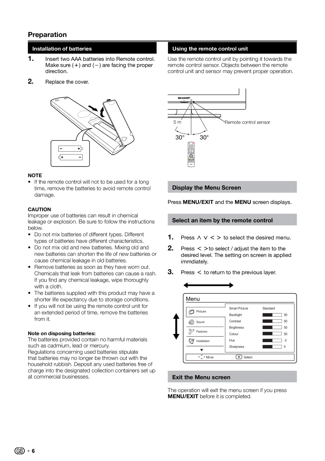 Sharp LC-19S7E, LC-32S7E Preparation, Display the Menu Screen, Select an item by the remote control, Exit the Menu screen 