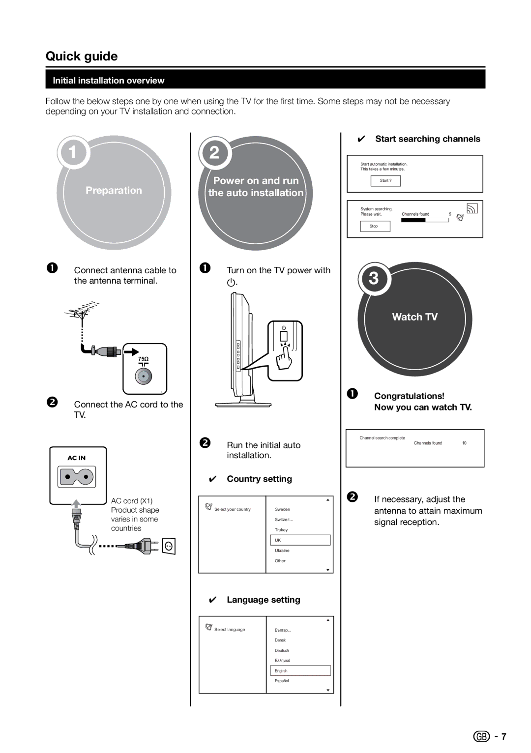 Sharp LC-32S7E, LC-26S7E, LC-19S7E operation manual Quick guide, Initial installation overview 