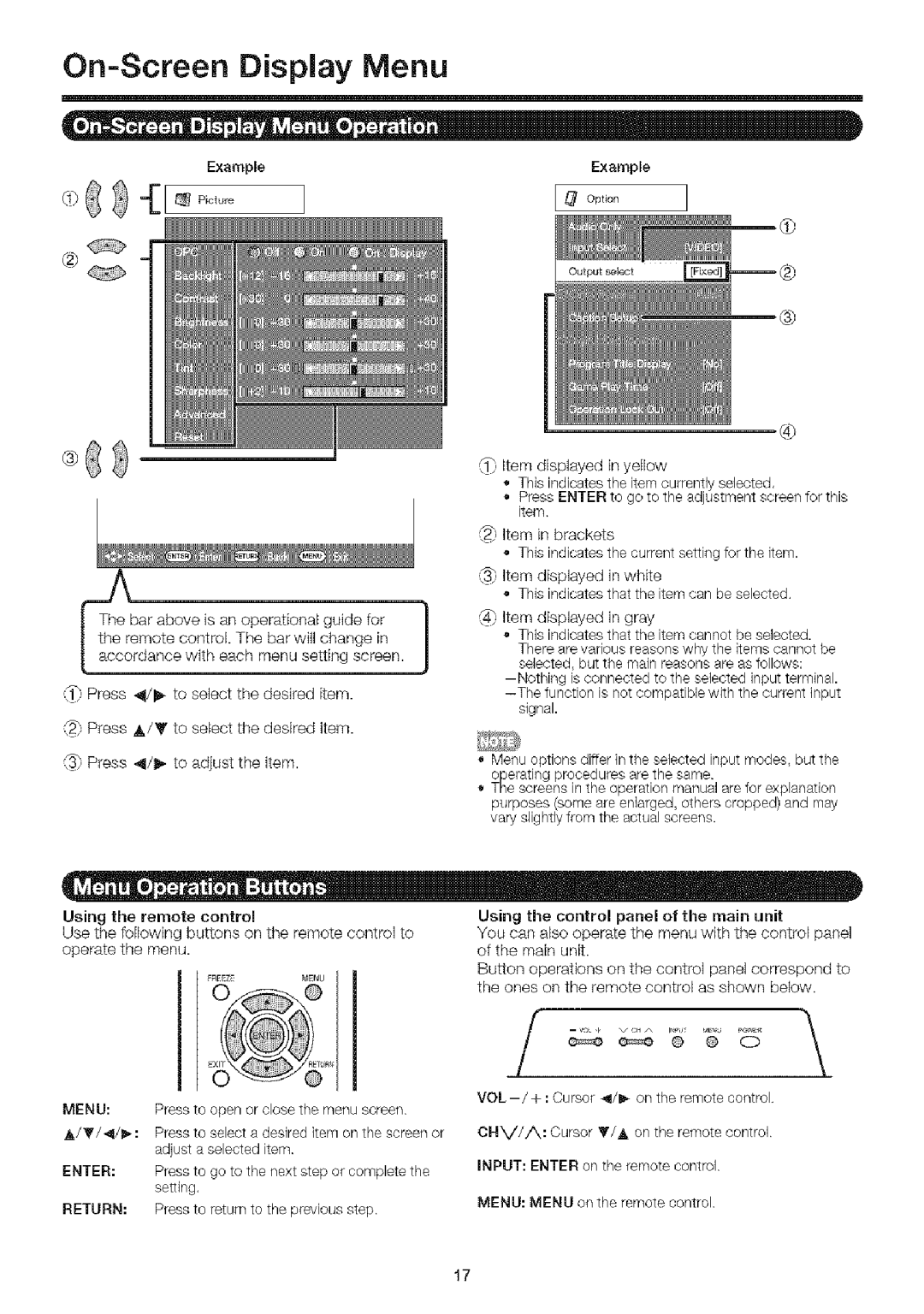 Sharp LC-32SB24U operation manual Menu, Enter, Return, Cnv/A 