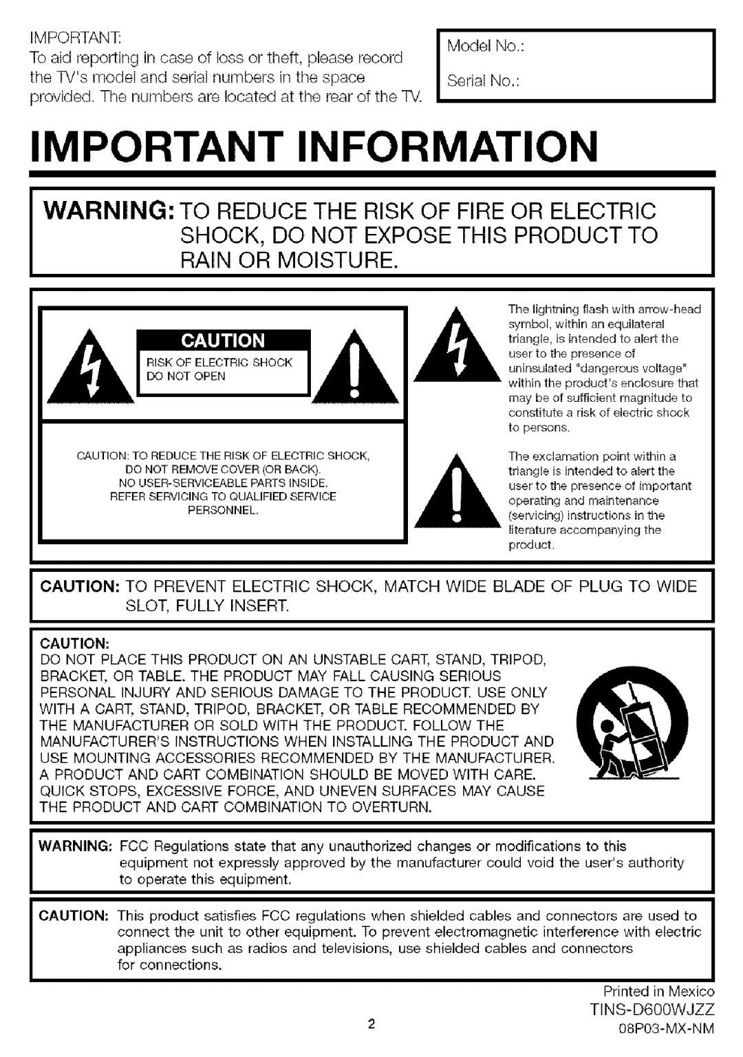 Sharp LC-32SB24U operation manual Important Information 