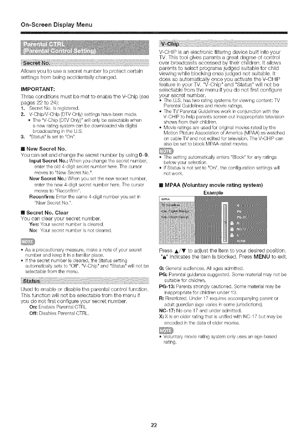 Sharp LC-32SB24U operation manual On-ScreenDisplay Menu, New Secret No 