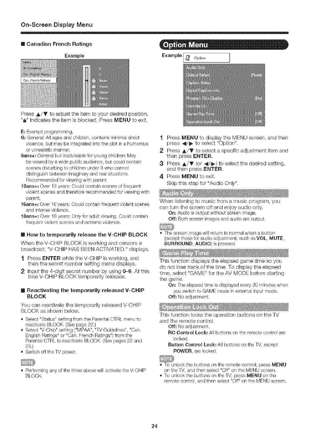 Sharp LC-32SB24U operation manual Reactivating the temporarily released V-CHIP Block, Example optor 