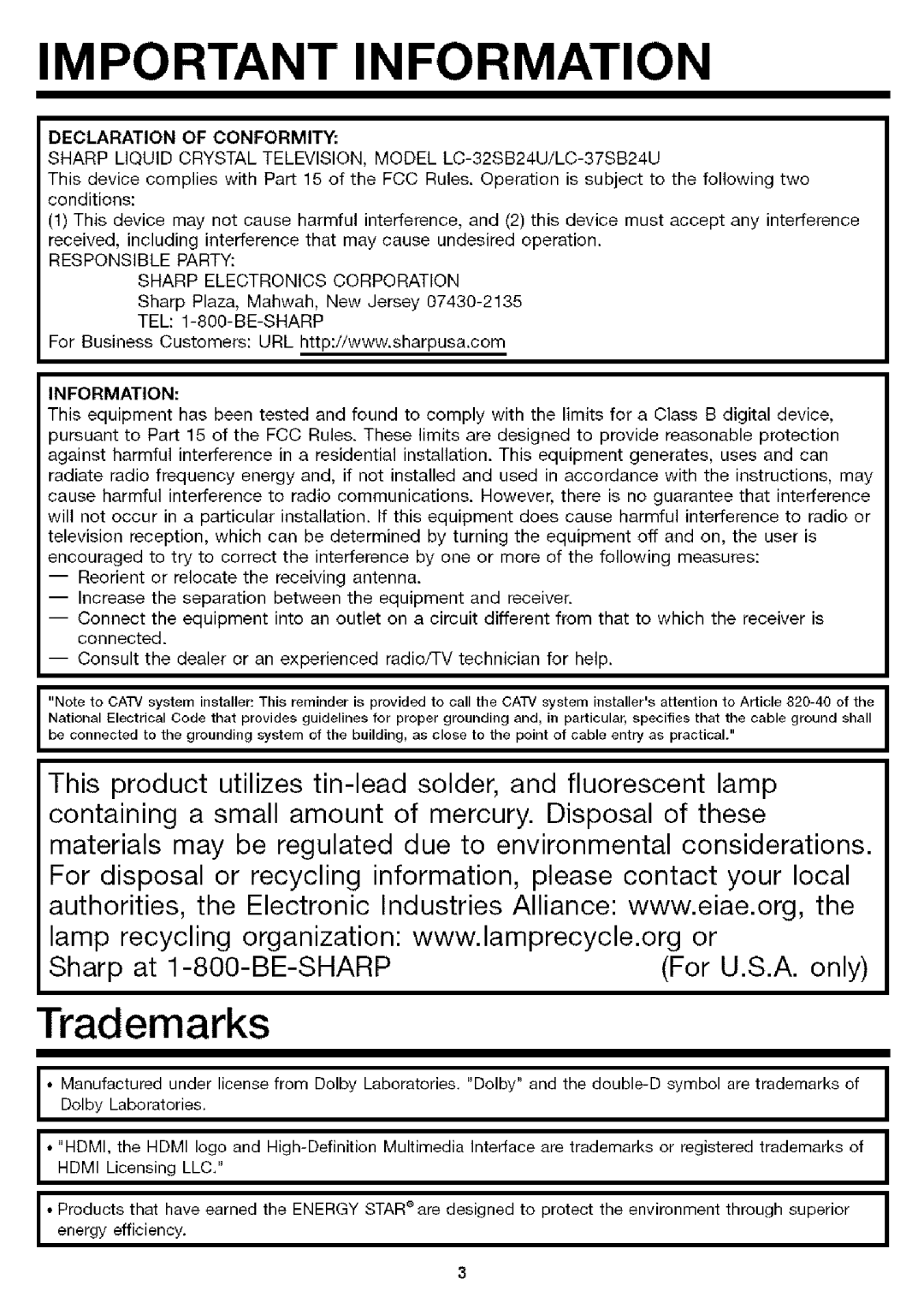 Sharp LC-32SB24U operation manual Trademarks 