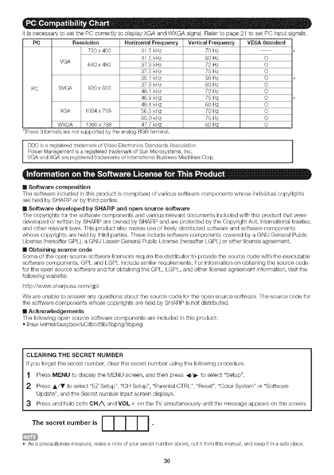 Sharp LC-32SB24U operation manual Horizontal, Clearing the Secret Number 