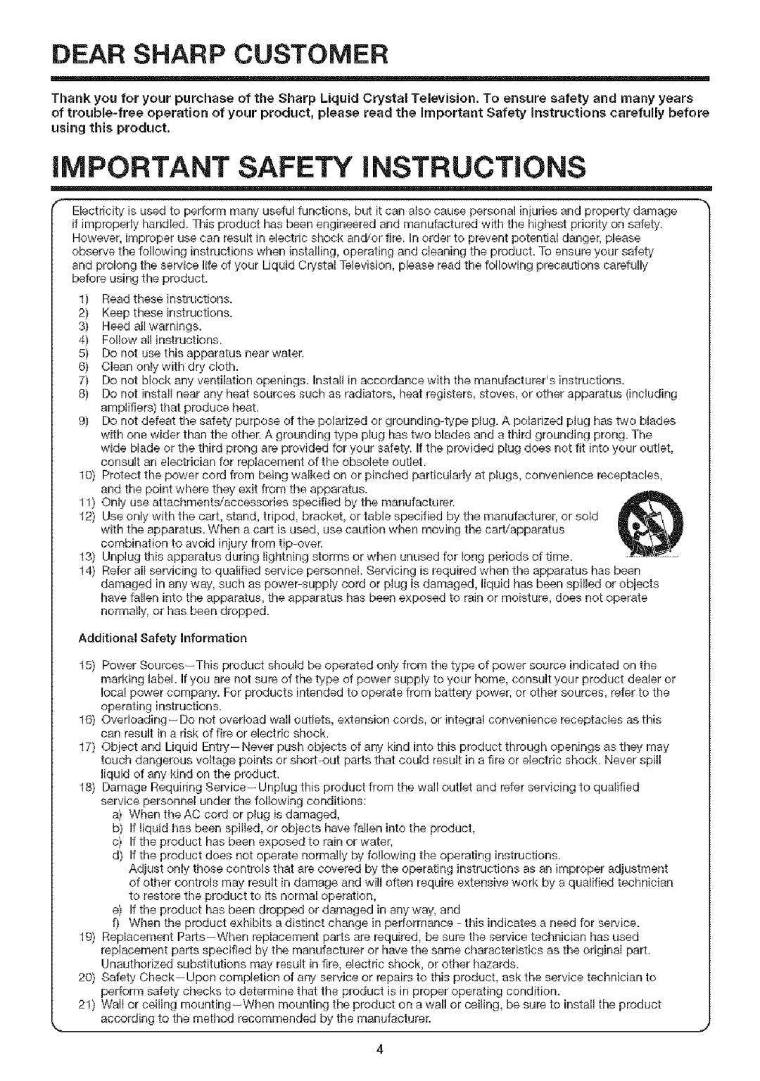 Sharp LC-32SB24U operation manual Important Safety Instructions 