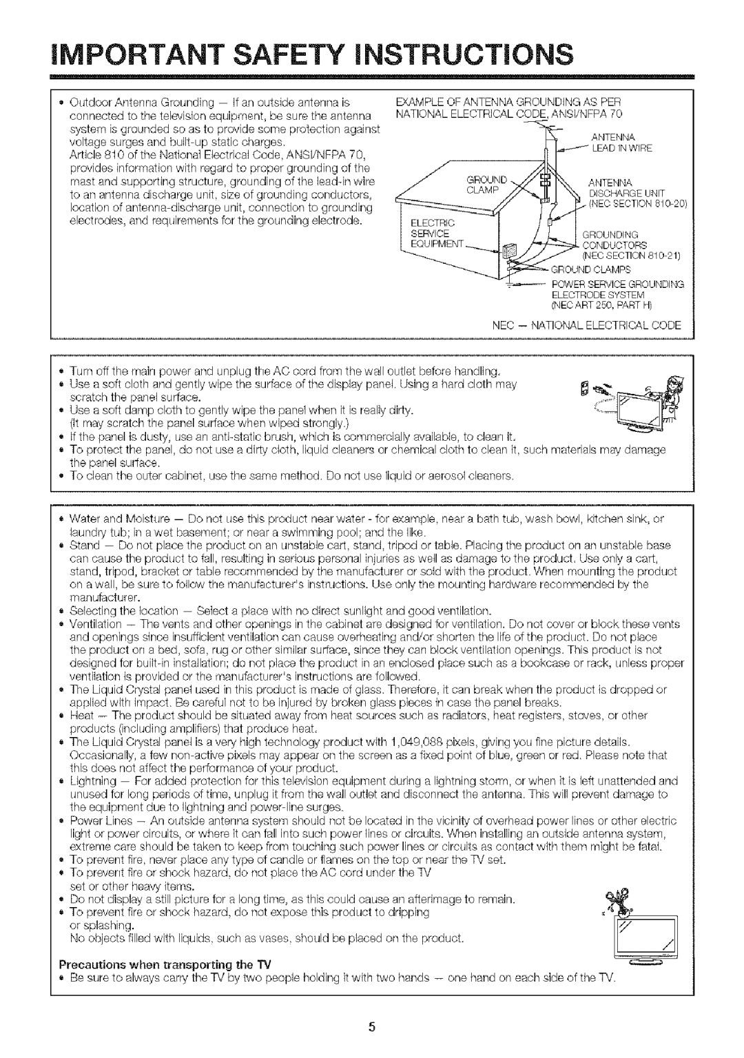 Sharp LC-32SB24U operation manual IMPORTANT Safety iNSTRUCTiONS 