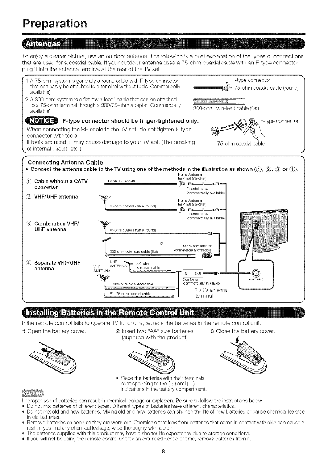 Sharp LC-32SB24U operation manual Preparation, VHF/UHF antenna 