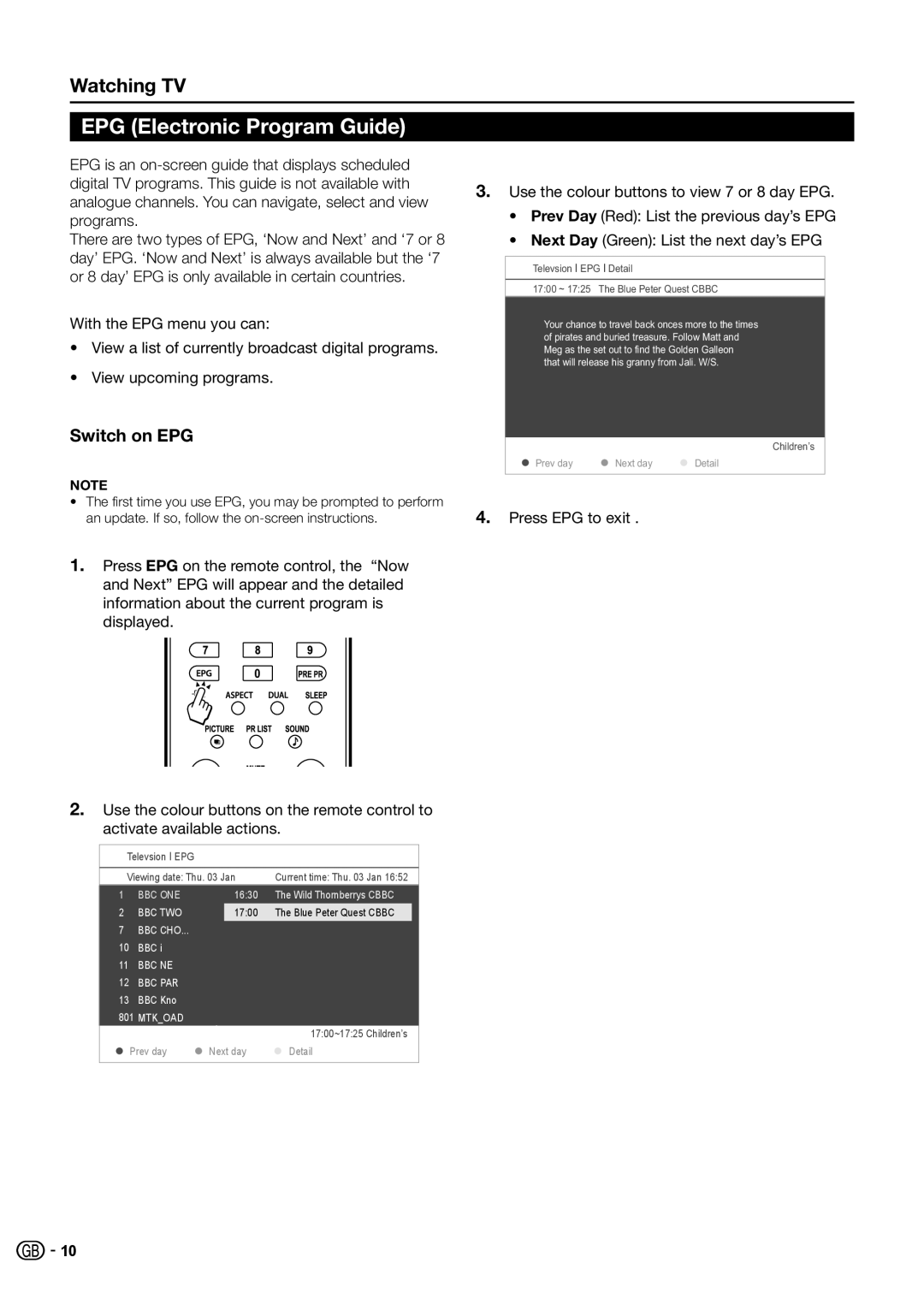 Sharp LC-32SB25E, LC-32SB25S, LC-42SB55E, LC-42SB55S, LC-26SB25E EPG Electronic Program Guide, Watching TV, Switch on EPG 