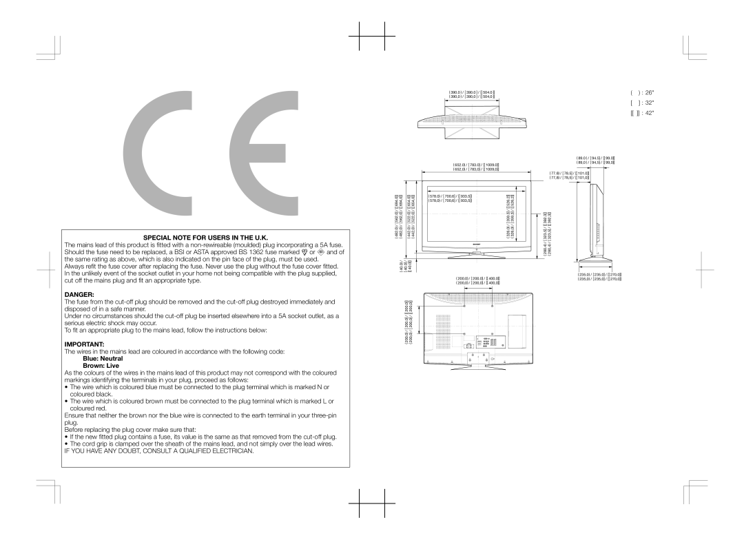 Sharp LC-42SB55E, LC-32SB25E, LC-32SB25S, LC-42SB55S, LC-26SB25E Special Note for Users in the U.K, Blue Neutral Brown Live 