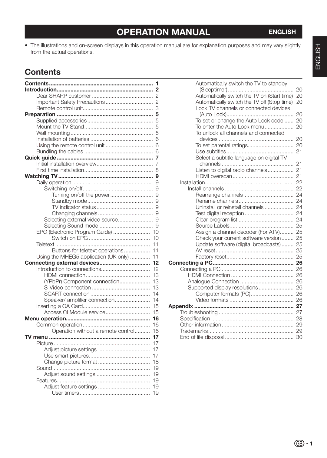 Sharp LC-42SB55S, LC-32SB25E, LC-32SB25S, LC-42SB55E, LC-26SB25E, LC-26SB25S operation manual Contents 