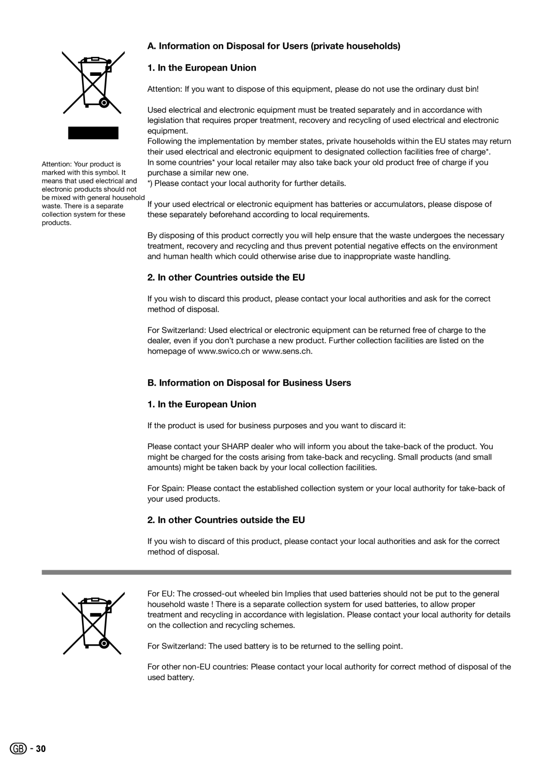 Sharp LC-42SB55E, LC-32SB25E Other Countries outside the EU, Information on Disposal for Business Users European Union 