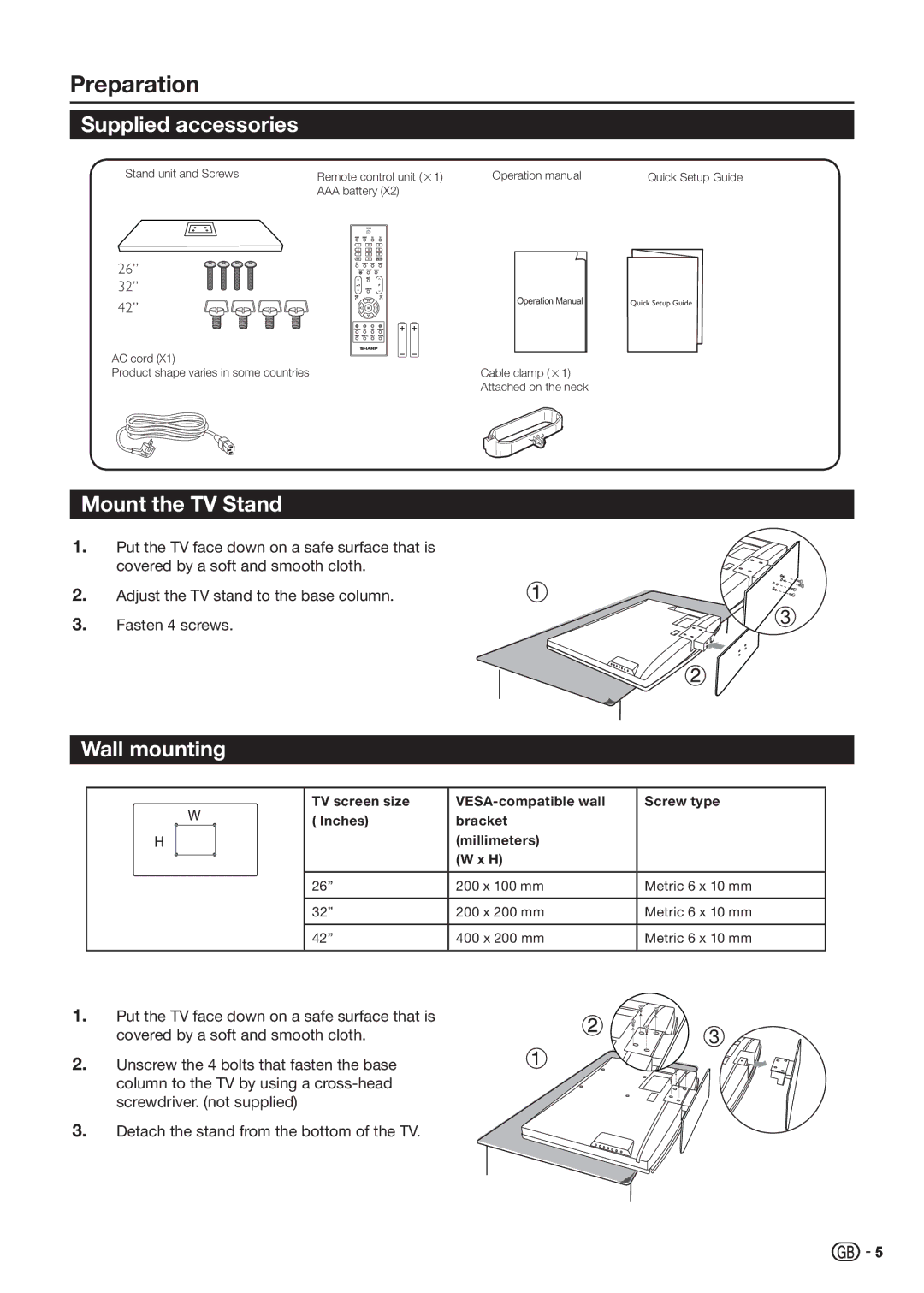 Sharp LC-32SB25S, LC-32SB25E, LC-42SB55E, LC-42SB55S Preparation, Supplied accessories, Mount the TV Stand, Wall mounting 