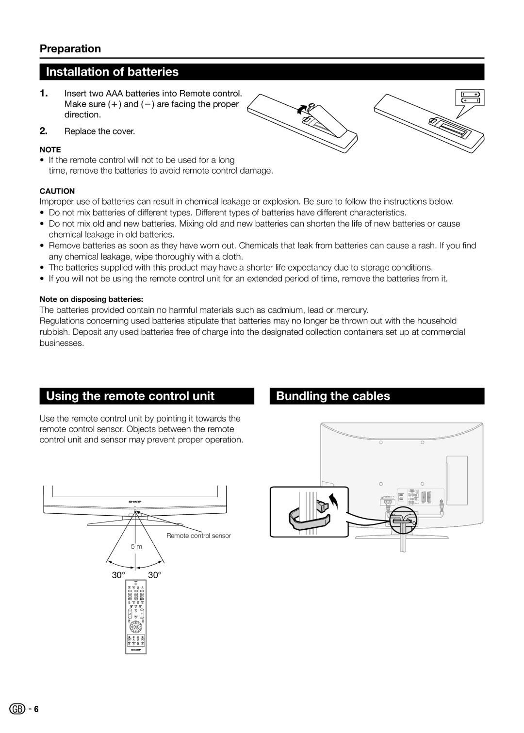 Sharp LC-42SB55E, LC-32SB25E, LC-32SB25S, LC-42SB55S Installation of batteries, Using the remote control unit, Preparation 