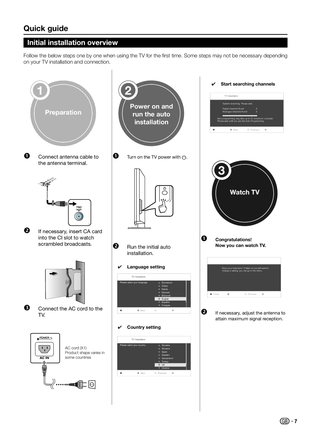 Sharp LC-42SB55S, LC-32SB25E, LC-32SB25S, LC-42SB55E, LC-26SB25E, LC-26SB25S Quick guide, Initial installation overview 