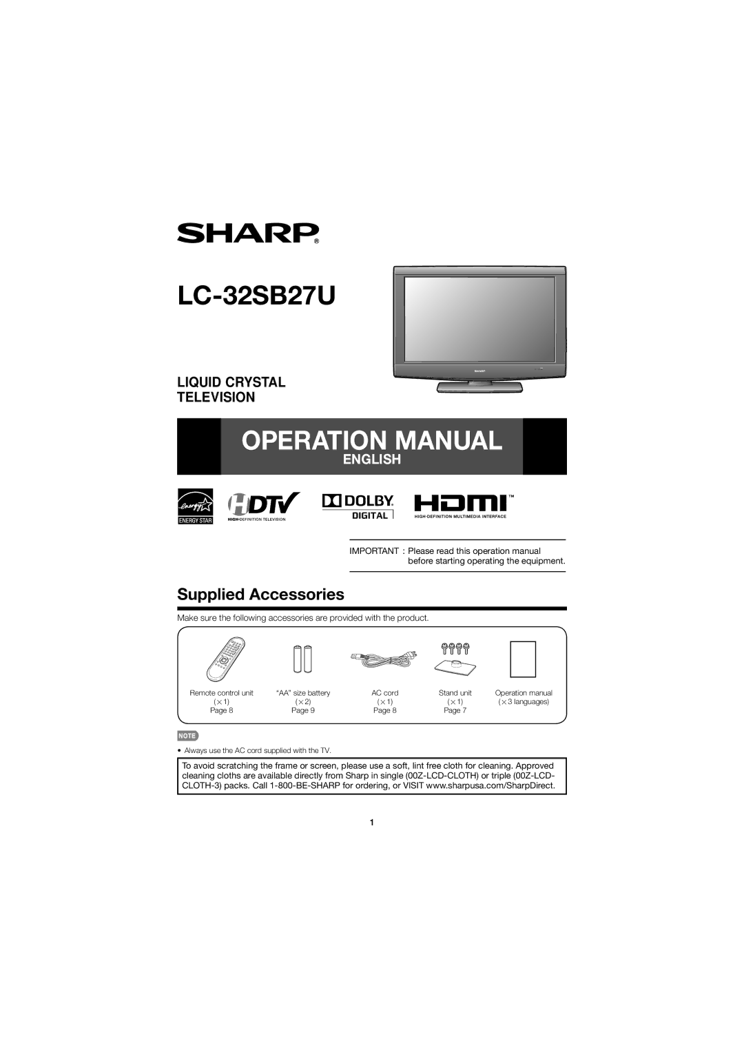 Sharp LC 32SB27U operation manual LC-32SB27U, Supplied Accessories 