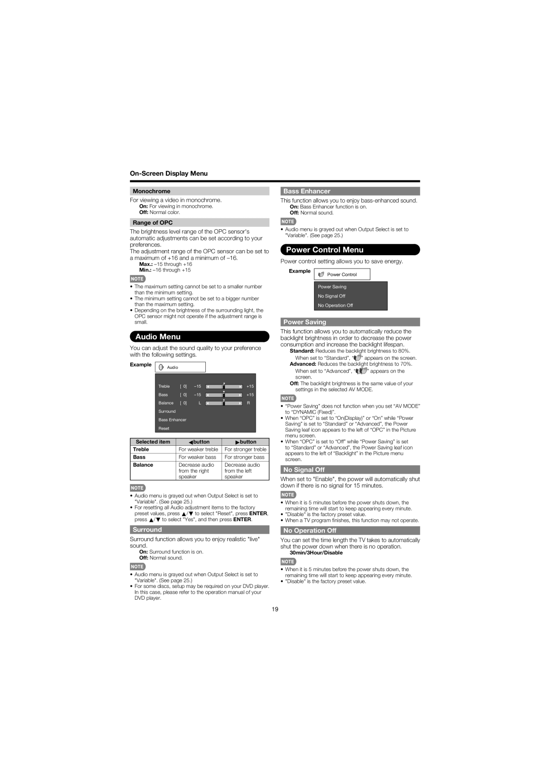 Sharp LC 32SB27U operation manual Audio Menu, Power Control Menu 