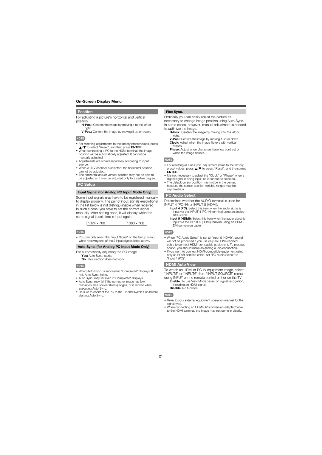 Sharp LC 32SB27U operation manual Position, PC Setup, PC Audio Select, Hdmi Auto View 