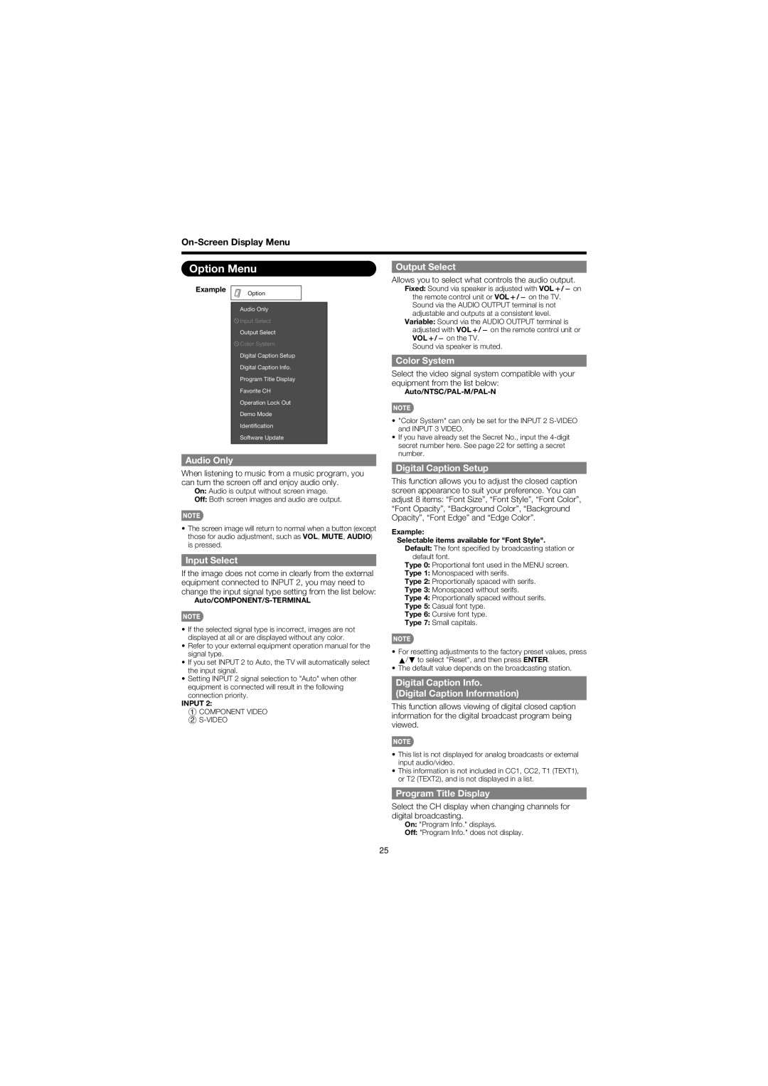 Sharp LC 32SB27U operation manual Option Menu 