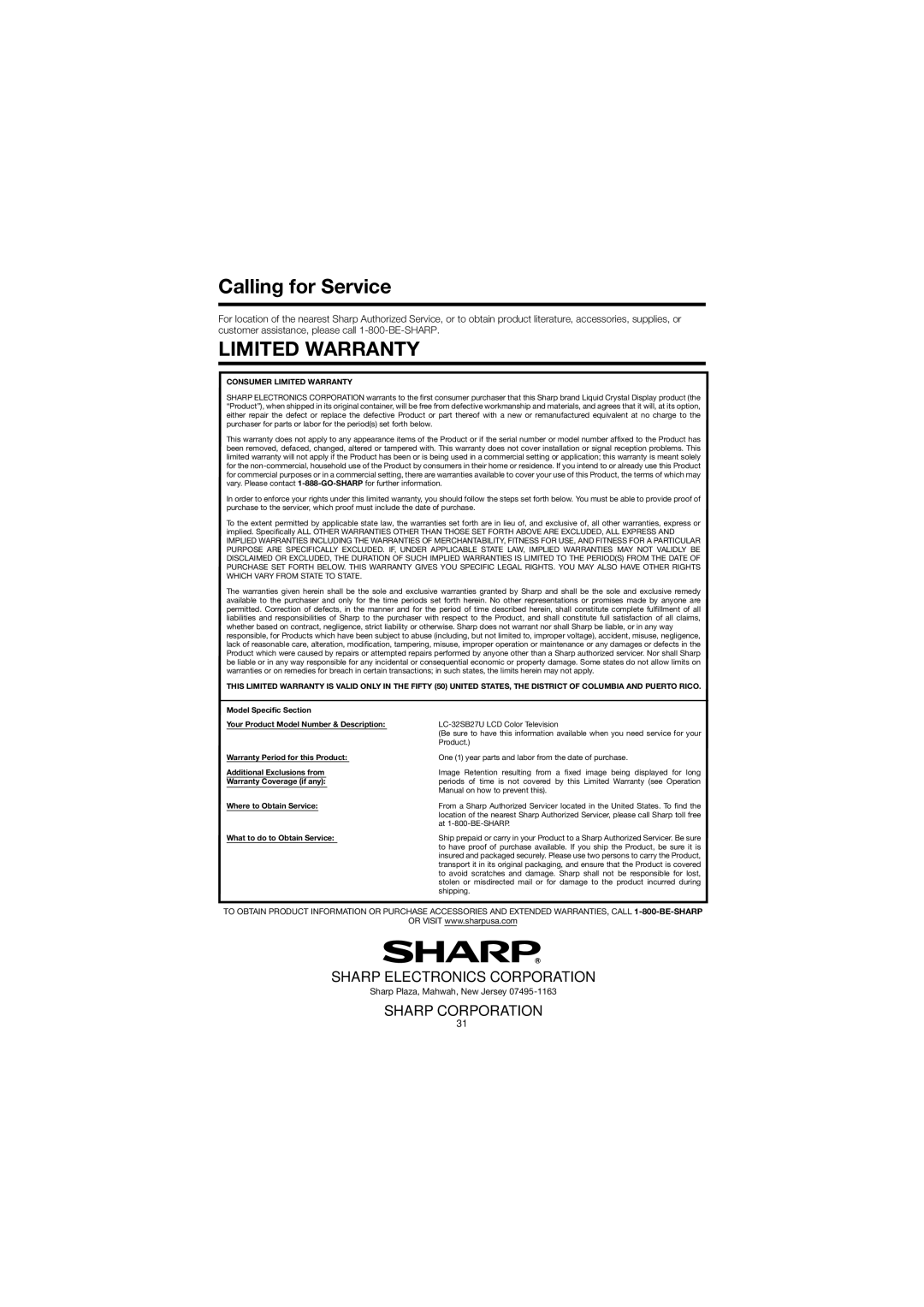 Sharp LC 32SB27U operation manual Calling for Service, Limited Warranty 