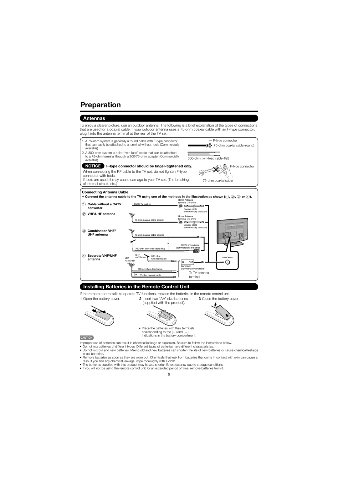 Sharp LC 32SB27U Preparation, Antennas, Installing Batteries in the Remote Control Unit, Connecting Antenna Cable 