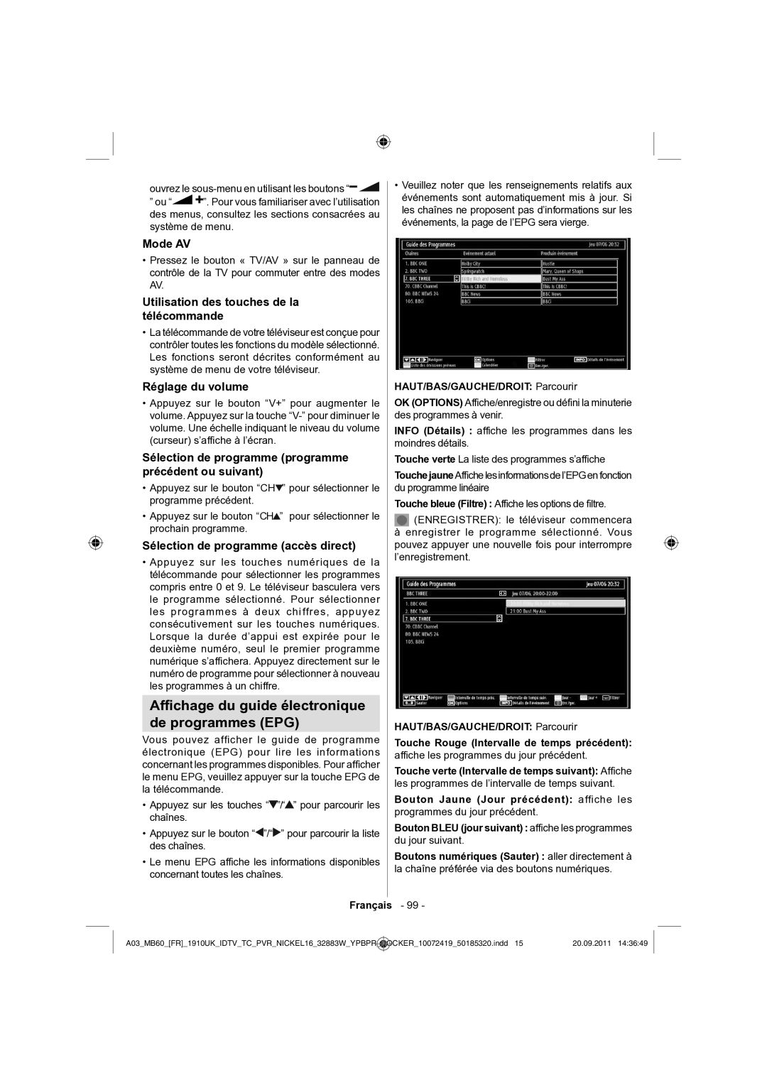 Sharp LC-32SH130E operation manual Afﬁchage du guide électronique De programmes EPG 