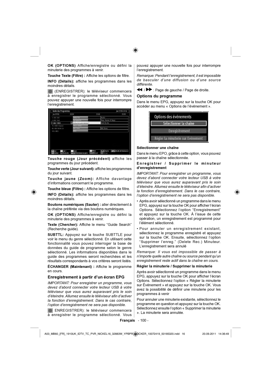 Sharp LC-32SH130E operation manual Enregistrement à partir d’un écran EPG, Options du programme, Sélectionner une chaîne 