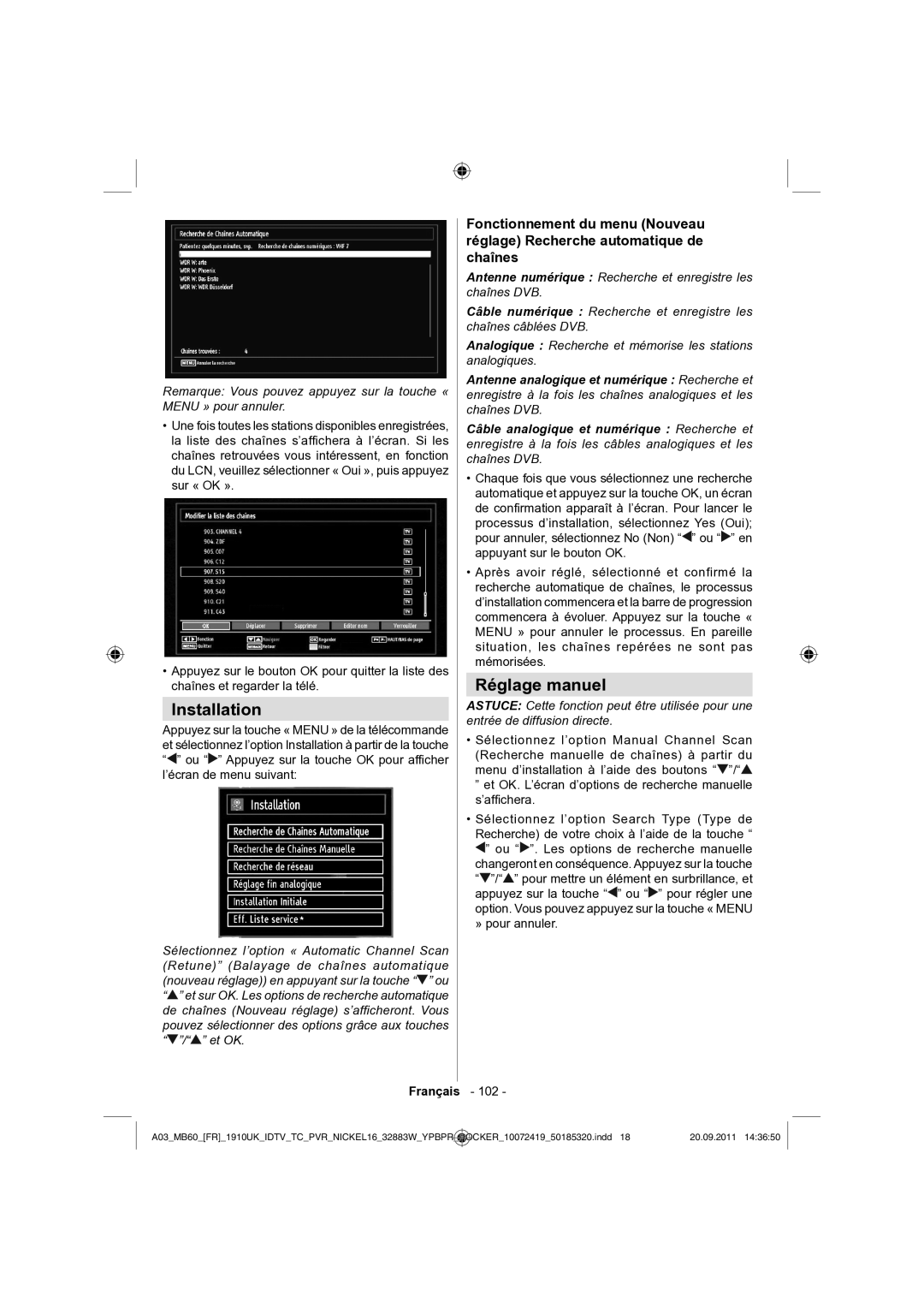 Sharp LC-32SH130E operation manual Installation, Réglage manuel 