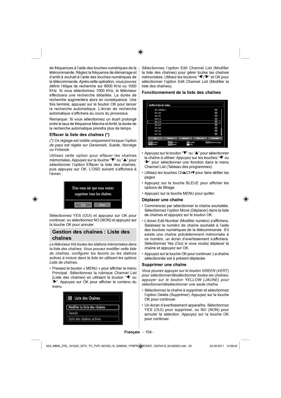 Sharp LC-32SH130E operation manual Gestion des chaînes Liste des Chaînes, Effacer la liste des chaînes, Déplacer une chaîne 