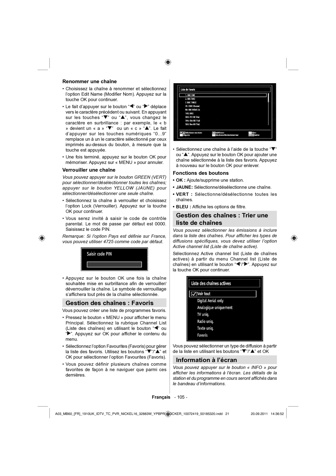 Sharp LC-32SH130E Gestion des chaînes Favoris, Gestion des chaînes Trier une Liste de chaînes, Information à l’écran 